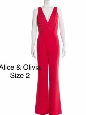 Alice + Olivia Hot Pink Pleated V-Neck Wide-Leg Jumpsuit